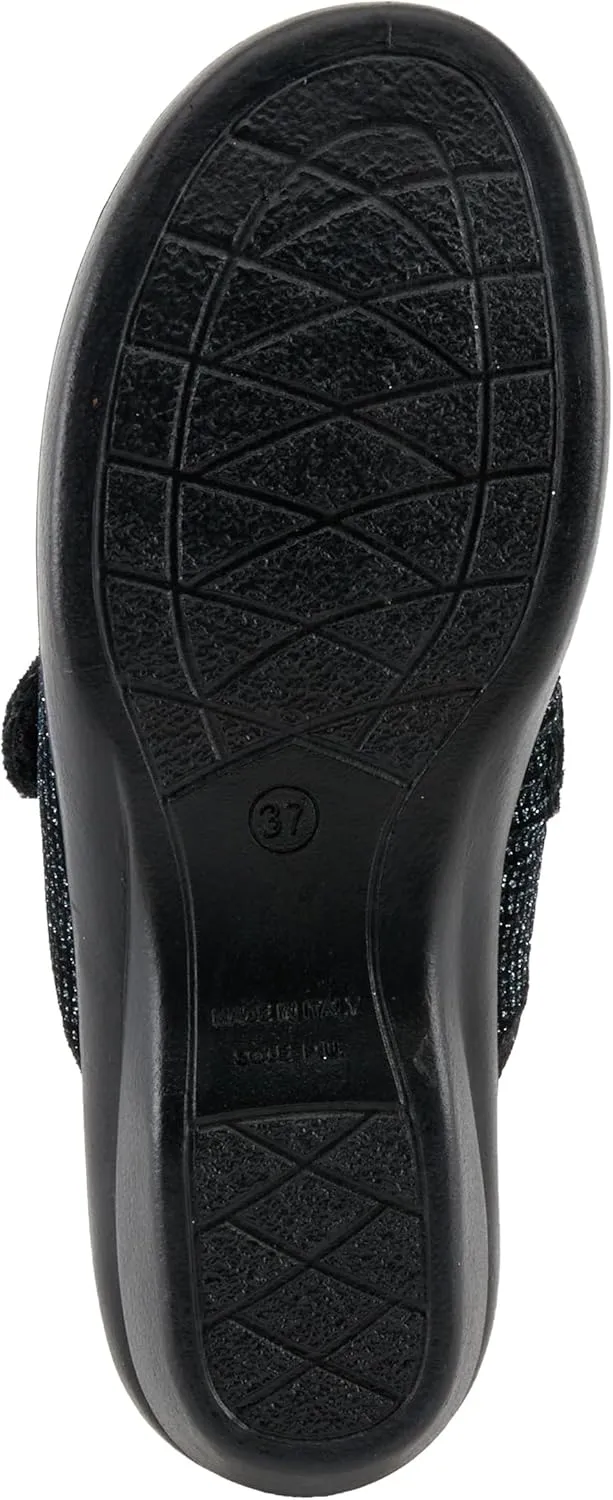 Flexus Women's MERULA-Sparkle Clog with Sparkling Upper, Adjustable Strap, and Comfortable Fit Black