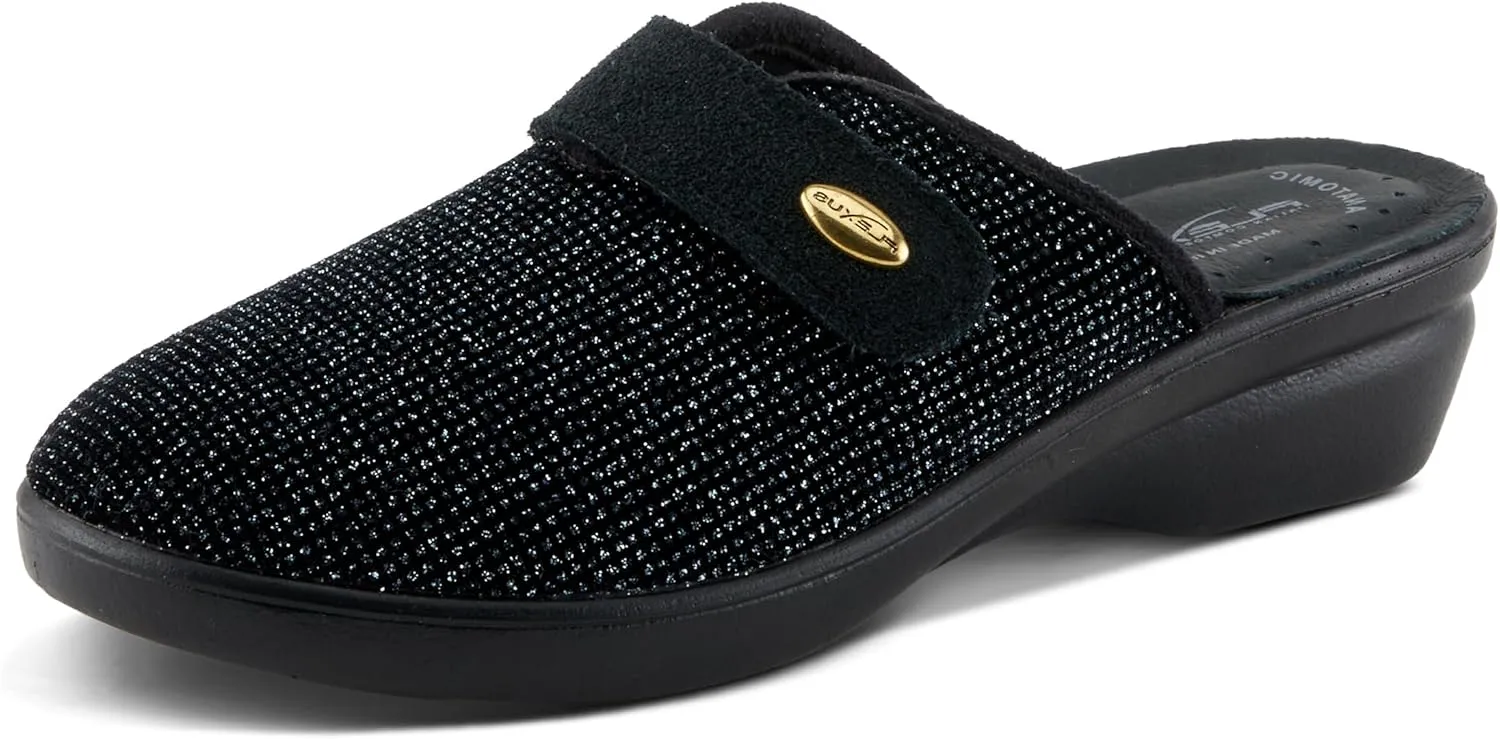 Flexus Women's MERULA-Sparkle Clog with Sparkling Upper, Adjustable Strap, and Comfortable Fit Black