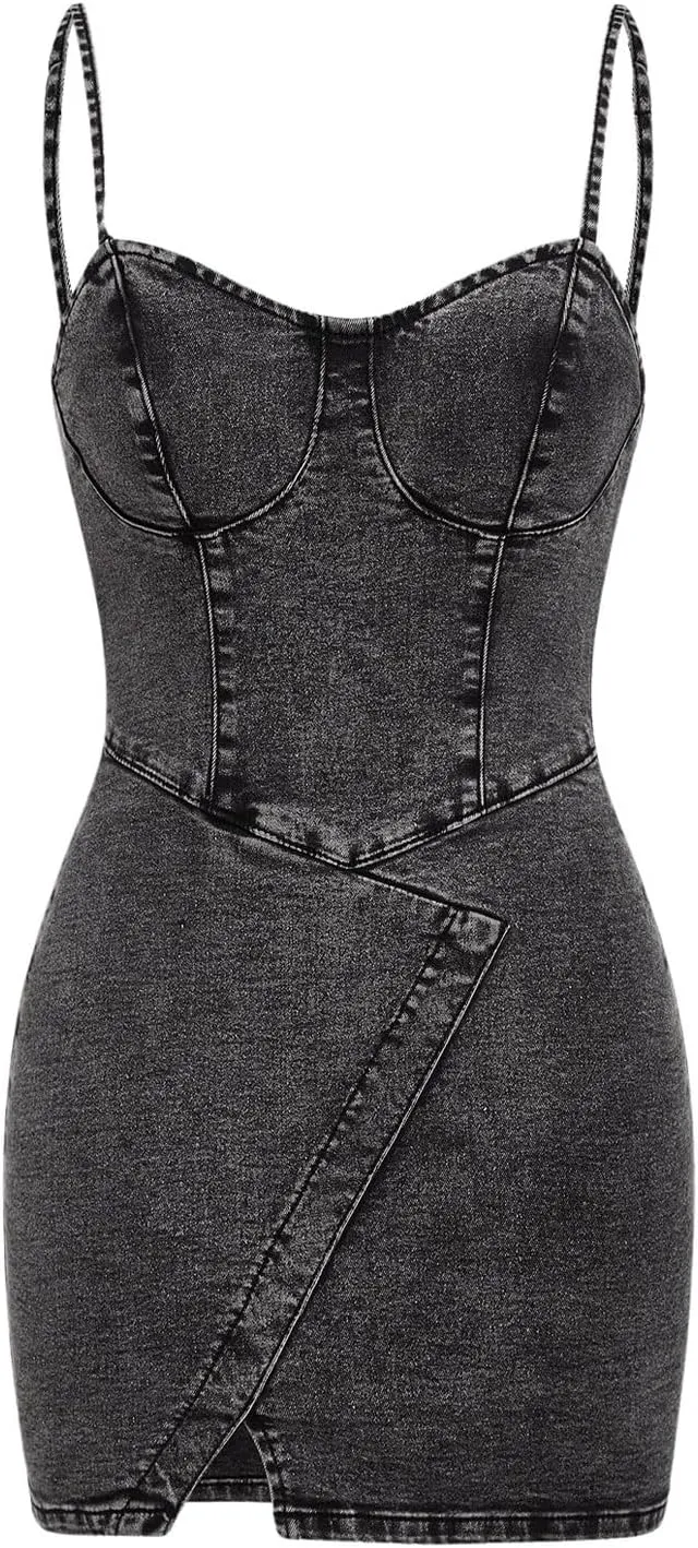 Floerns Women's Adjustable Spaghetti Strap Button Up Mini Denim Bodycon Dress