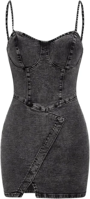 Floerns Women's Adjustable Spaghetti Strap Button Up Mini Denim Bodycon Dress