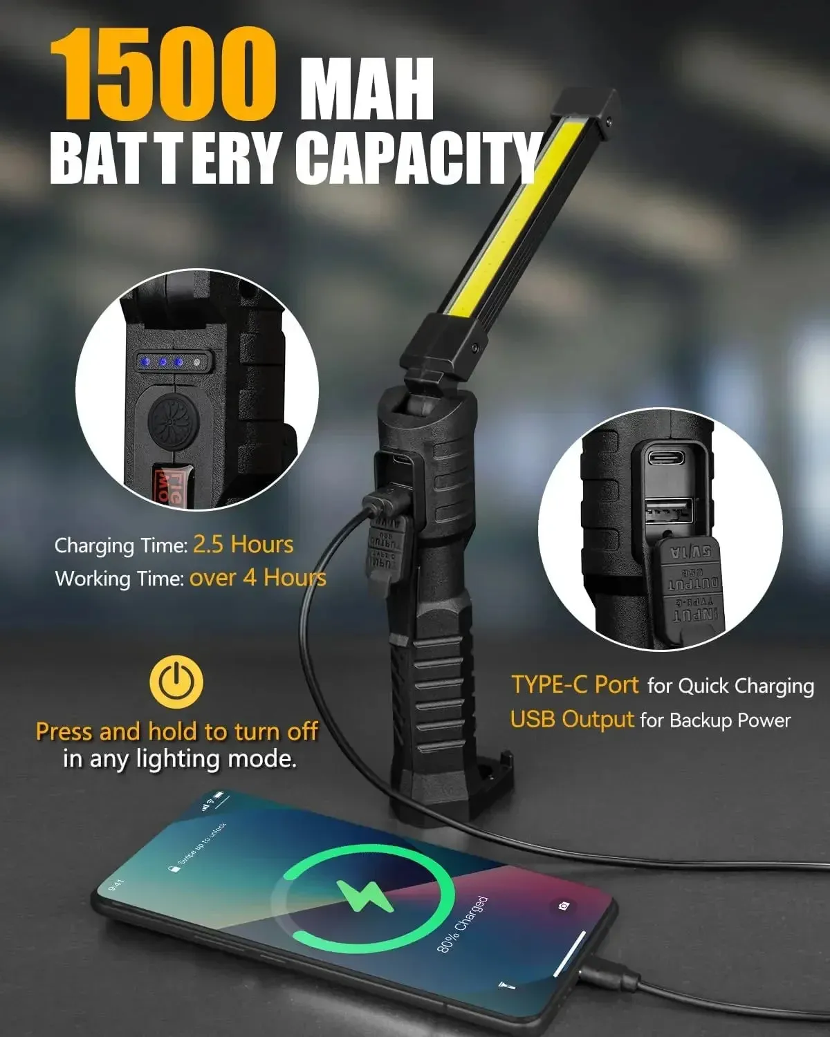 Foldable COB LED Work Light: USB Rechargeable, 7 Modes, Magnetic Base, Hanging Hook, Portable Torch Flashlight