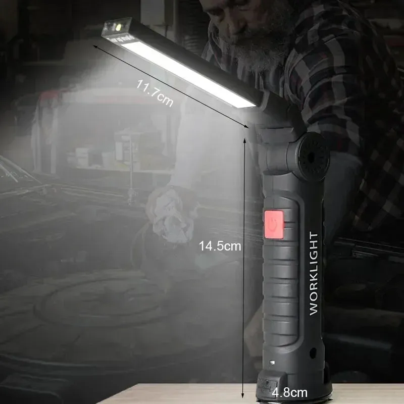 Foldable COB LED Work Light: USB Rechargeable, 7 Modes, Magnetic Base, Hanging Hook, Portable Torch Flashlight