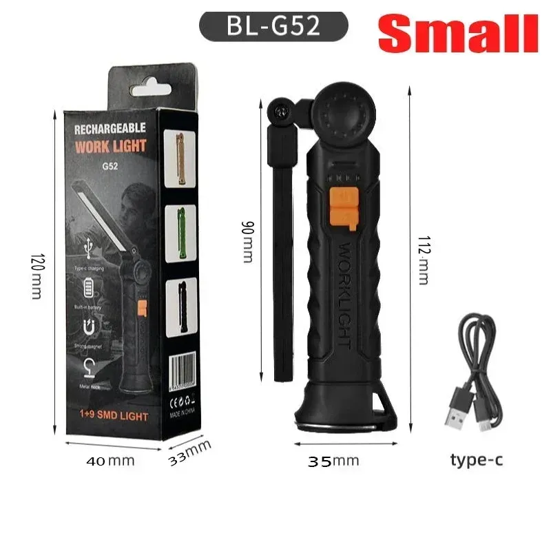 Foldable COB LED Work Light: USB Rechargeable, 7 Modes, Magnetic Base, Hanging Hook, Portable Torch Flashlight