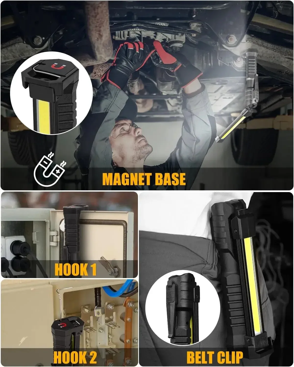 Foldable COB LED Work Light: USB Rechargeable, 7 Modes, Magnetic Base, Hanging Hook, Portable Torch Flashlight