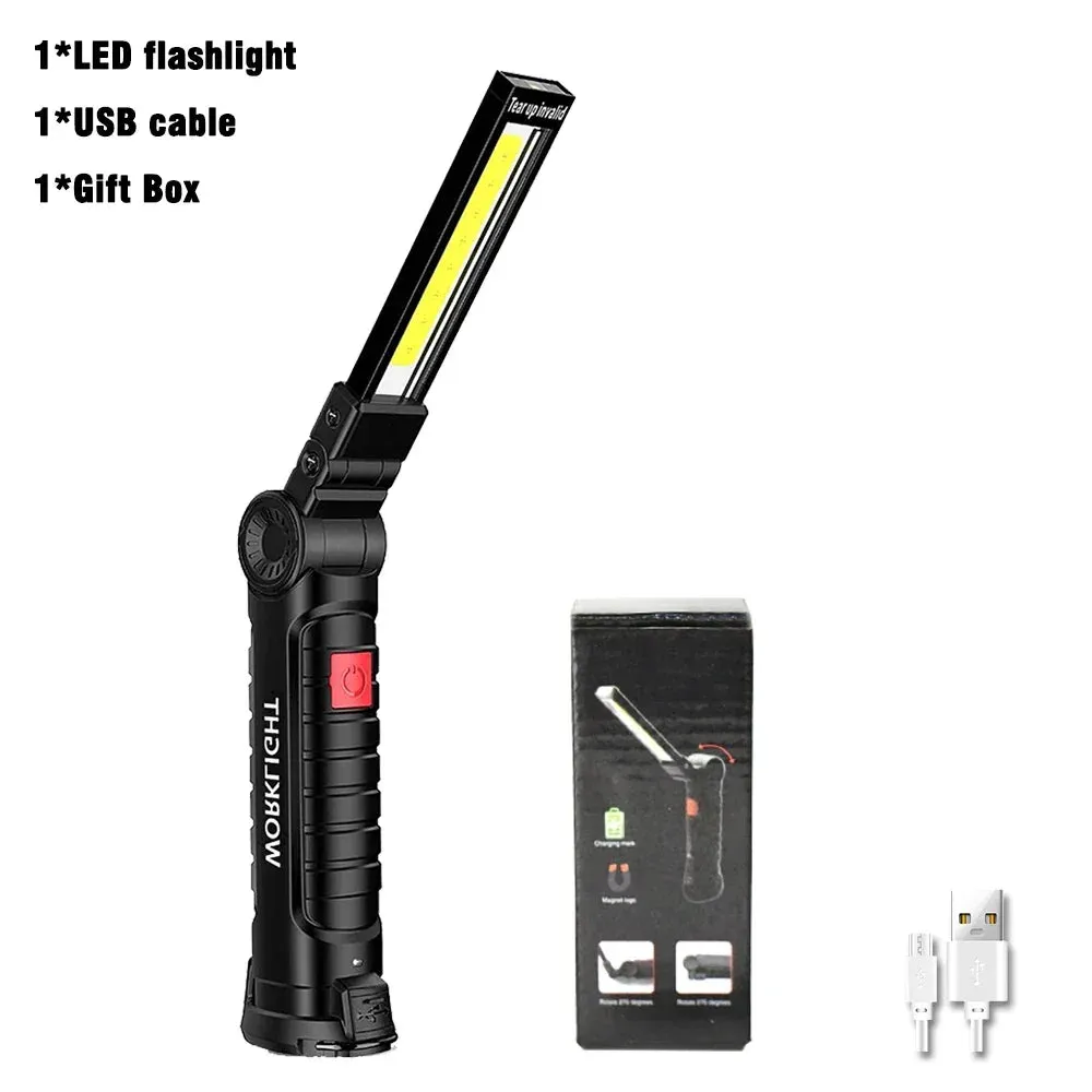 Foldable COB LED Work Light: USB Rechargeable, 7 Modes, Magnetic Base, Hanging Hook, Portable Torch Flashlight