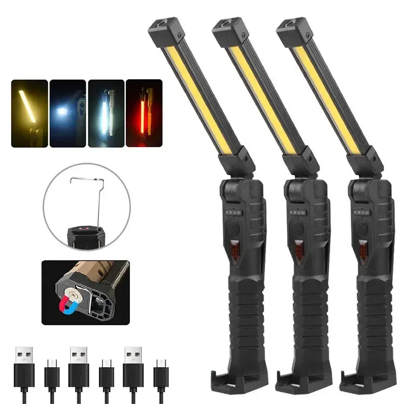 Foldable COB LED Work Light: USB Rechargeable, 7 Modes, Magnetic Base, Hanging Hook, Portable Torch Flashlight