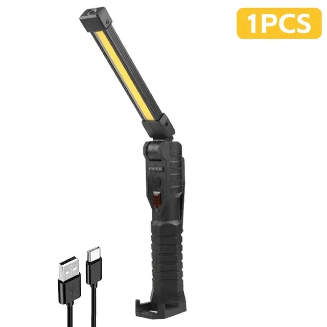 Foldable COB LED Work Light: USB Rechargeable, 7 Modes, Magnetic Base, Hanging Hook, Portable Torch Flashlight
