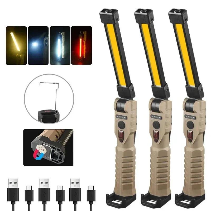 Foldable COB LED Work Light: USB Rechargeable, 7 Modes, Magnetic Base, Hanging Hook, Portable Torch Flashlight