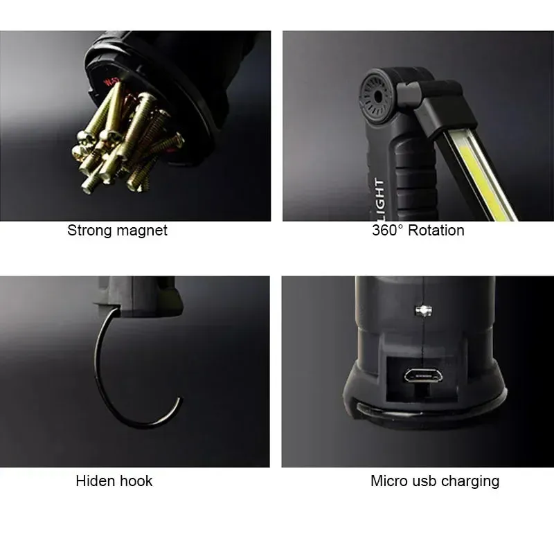 Foldable COB LED Work Light: USB Rechargeable, 7 Modes, Magnetic Base, Hanging Hook, Portable Torch Flashlight
