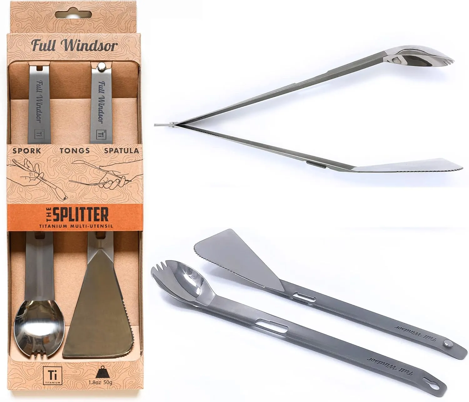 FULL WiNDSOR - THE SPLITTER - Titanium Tongs, Spork and Spatula - Portable Lightweight Metal Multi Utensil - Camping, Backpacking, Overlanding, RV, Travel, Outdoor Cooking, BBQ, Camp kitchen Cookware