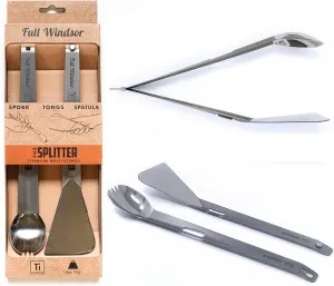 FULL WiNDSOR - THE SPLITTER - Titanium Tongs, Spork and Spatula - Portable Lightweight Metal Multi Utensil - Camping, Backpacking, Overlanding, RV, Travel, Outdoor Cooking, BBQ, Camp kitchen Cookware