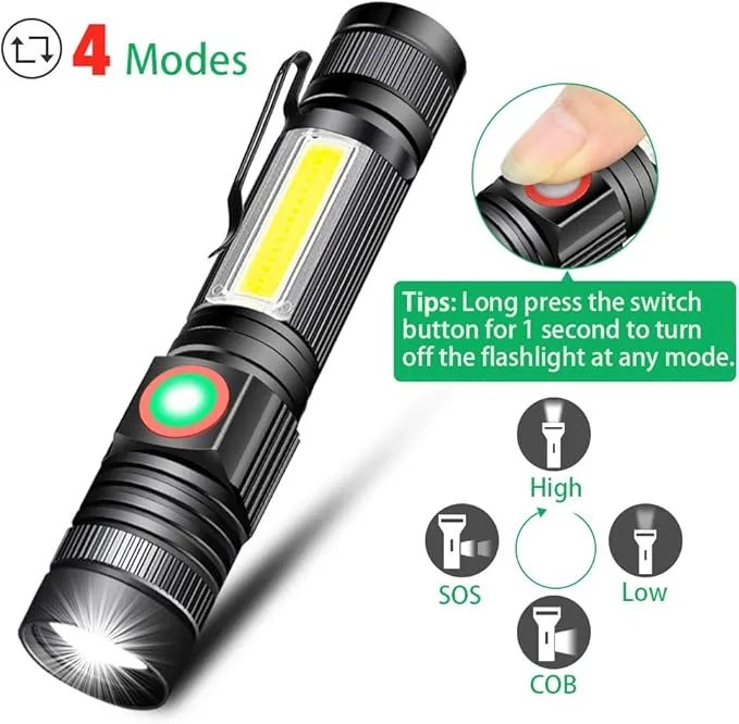 Generic LED Rechargeable Flashlight, Magnetic, Waterproof, 1000 Lumens, Pocket-sized, T6 Adjustable Focus & Zoomable, Black, Battery Powered