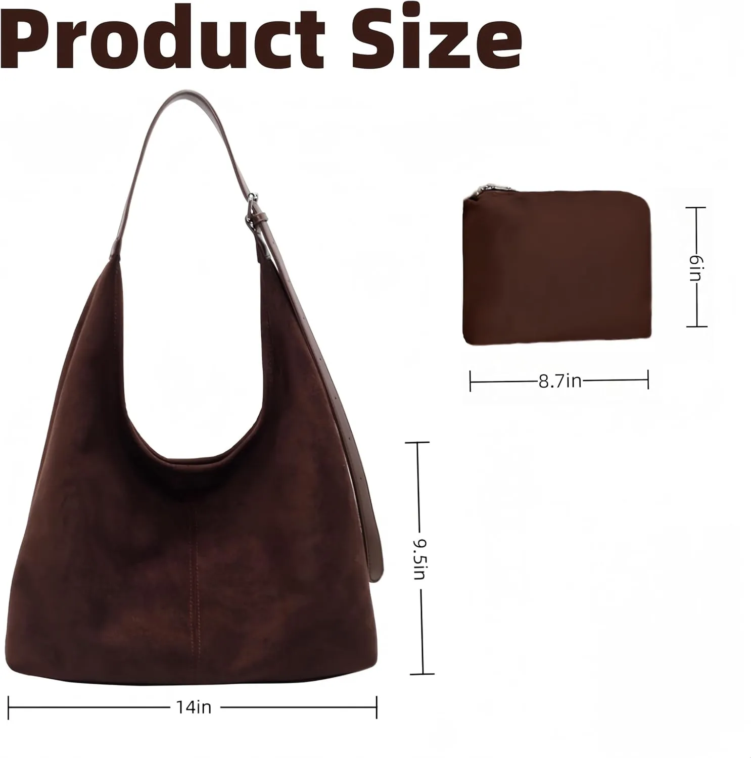 Genuine Suede Hobo Tote Bag for Women - Adjustable Strap Slouchy Office Handbag
