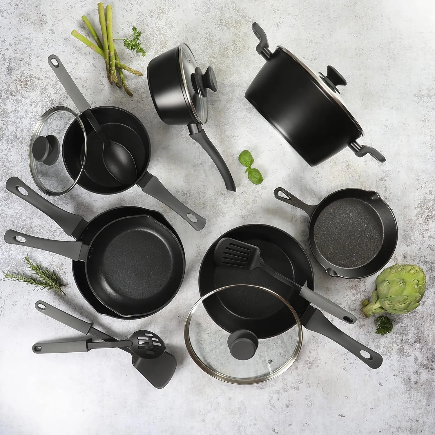 Gibson Soho Lounge Nonstick Forged Aluminum Induction Pots and Pans Cookware Set W/Cast Iron Skillet, 15-Piece Set, Black