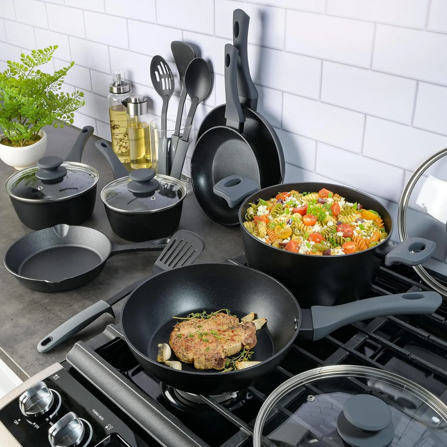 Gibson Soho Lounge Nonstick Forged Aluminum Induction Pots and Pans Cookware Set W/Cast Iron Skillet, 15-Piece Set, Black