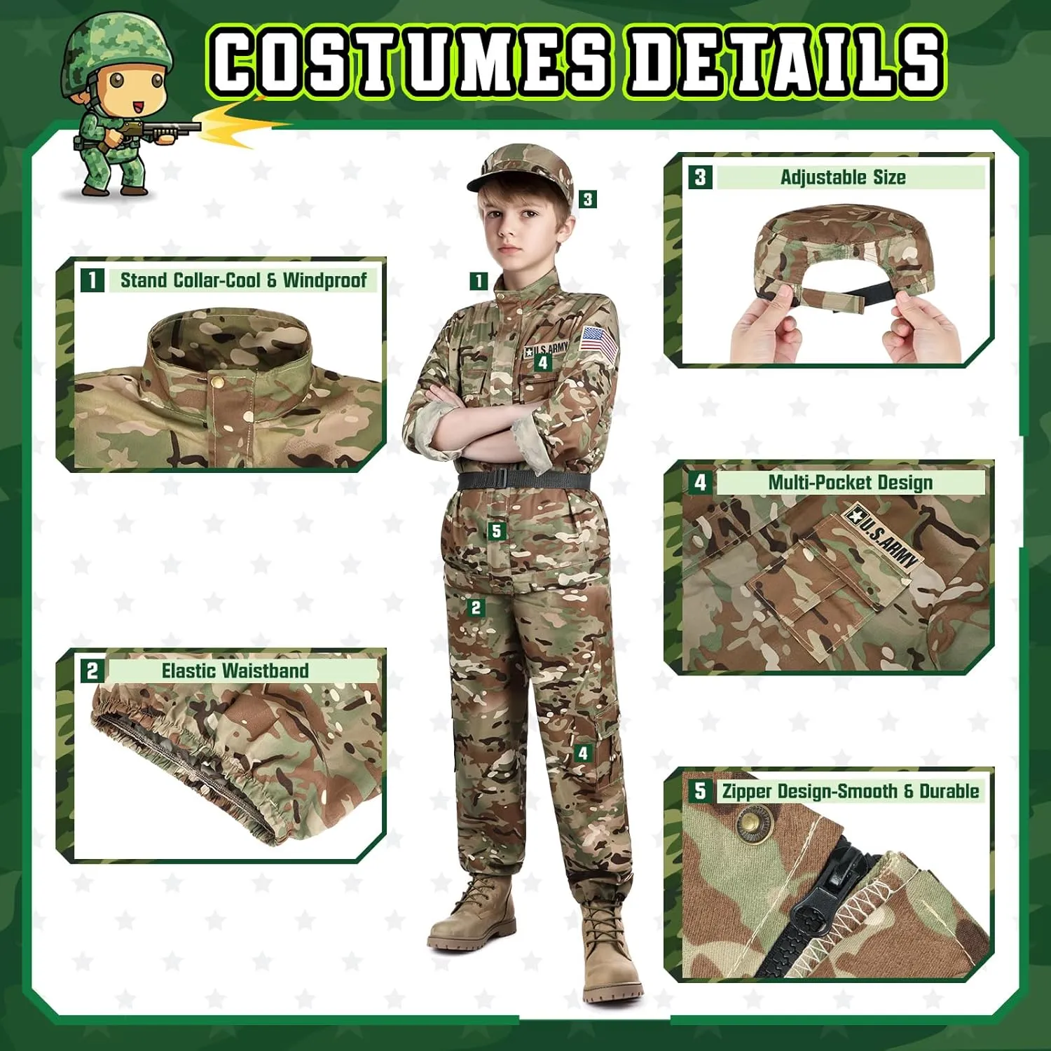 GIFTINBOX Army Costume for Kids, Boys Military Soldier Costume with Toy Accessories, Halloween Costumes for Boys Kids 3-12
