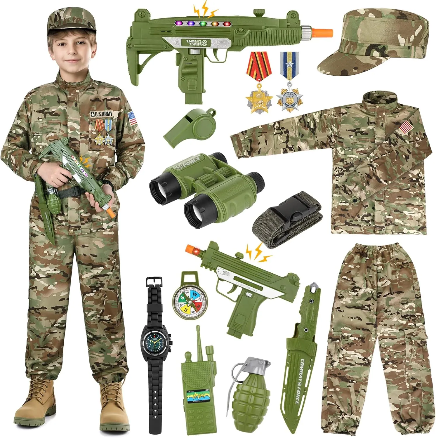 GIFTINBOX Army Costume for Kids, Boys Military Soldier Costume with Toy Accessories, Halloween Costumes for Boys Kids 3-12