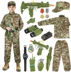 GIFTINBOX Army Costume for Kids, Boys Military Soldier Costume with Toy Accessories, Halloween Costumes for Boys Kids 3-12