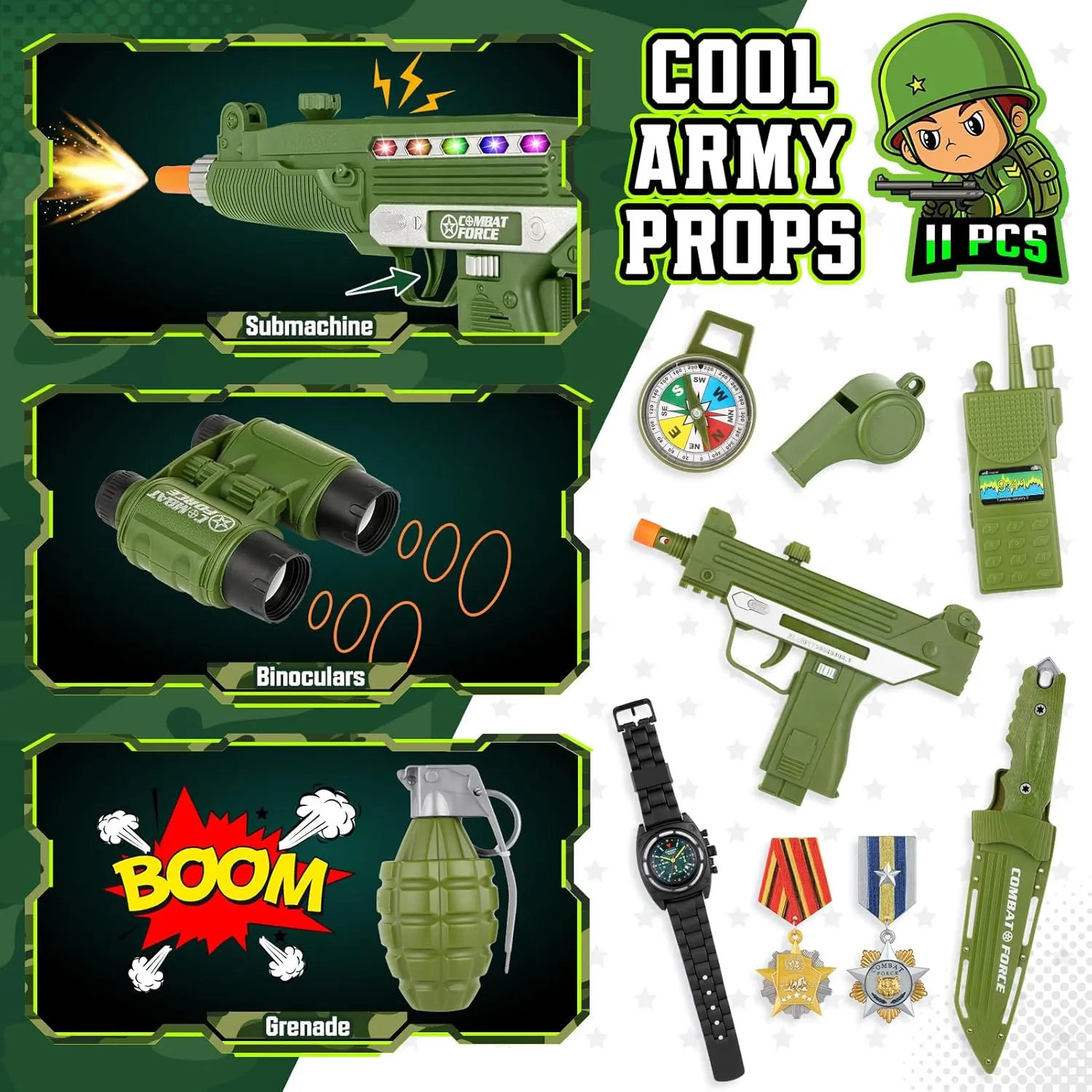 GIFTINBOX Army Costume for Kids, Boys Military Soldier Costume with Toy Accessories, Halloween Costumes for Boys Kids 3-12