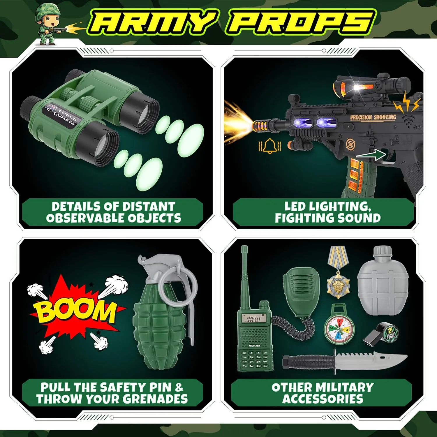 GIFTINBOX Kids Army Costume Military Soldier With Toys, Dress Up Halloween Costume for Boys 3-4