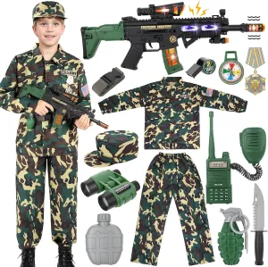 GIFTINBOX Kids Army Costume Military Soldier With Toys, Dress Up Halloween Costume for Boys 3-4