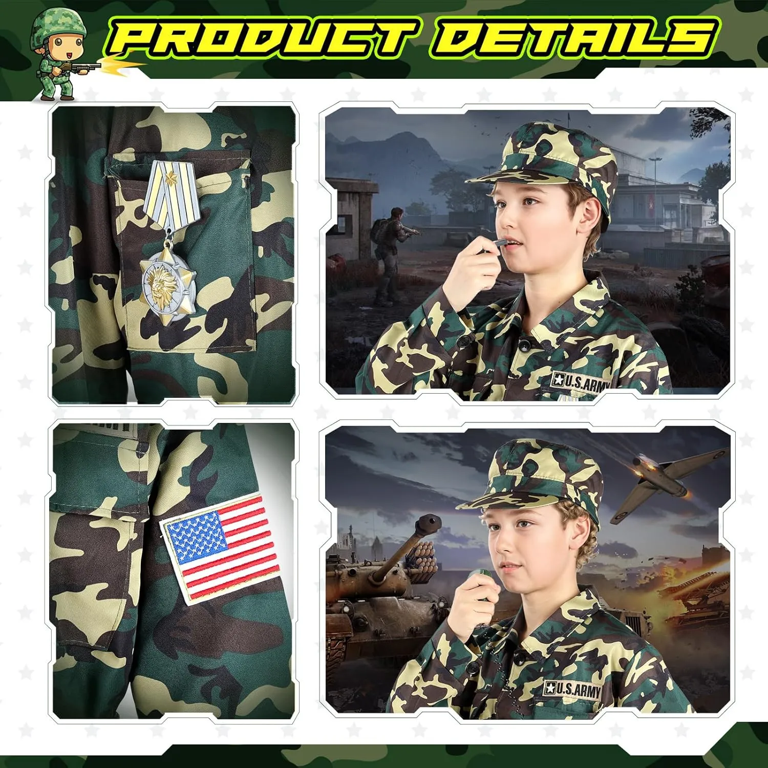 GIFTINBOX Kids Army Costume Military Soldier With Toys, Dress Up Halloween Costume for Boys 3-4