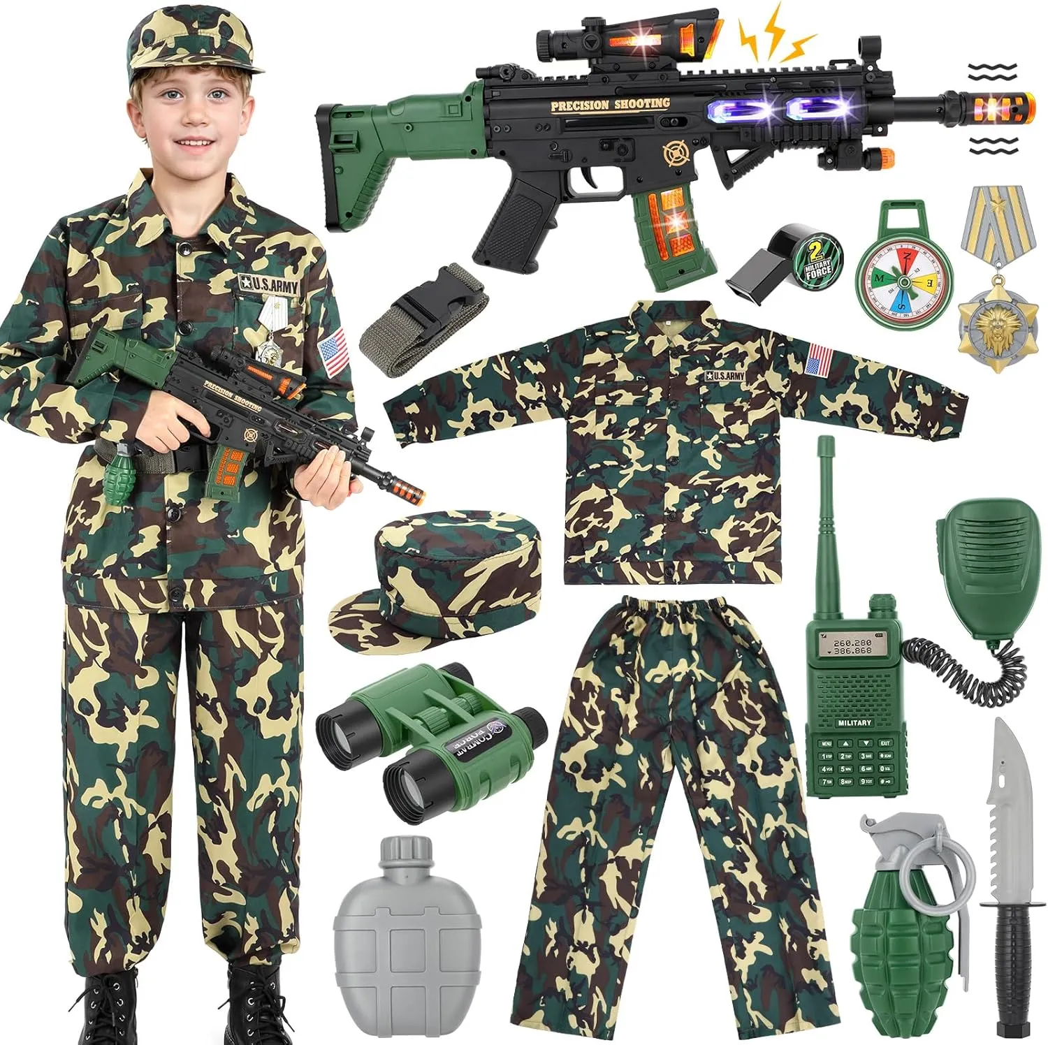 GIFTINBOX Kids Army Costume Military Soldier With Toys, Dress Up Halloween Costume for Boys 3-4