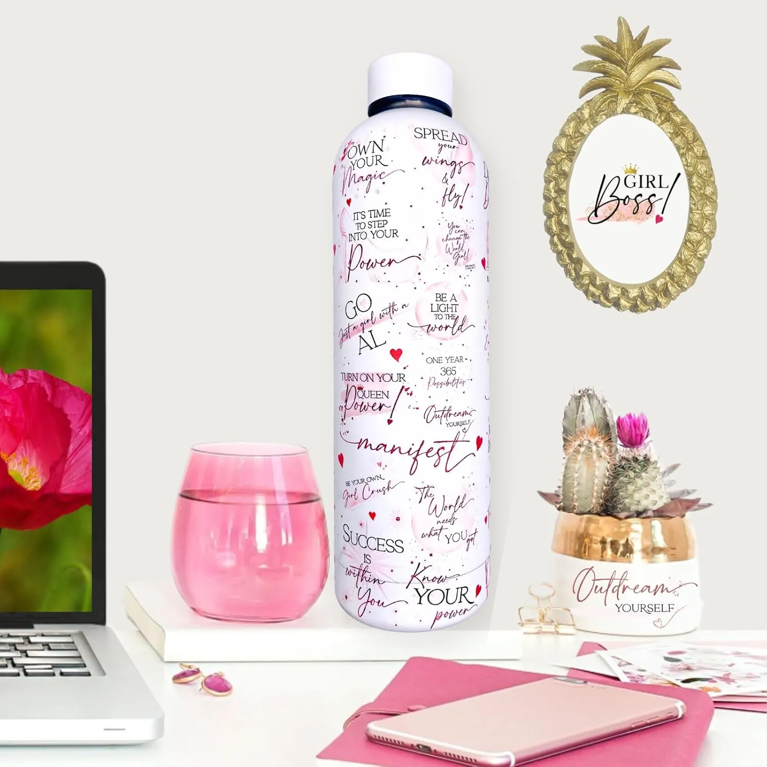 Girl Boss 24oz Motivational Water Bottle – Stainless Steel, Vacuum Insulated, Daily Affirmations, Boss Lady Gifts for Women, Positive Gift for Work, Travel, Gym, Office