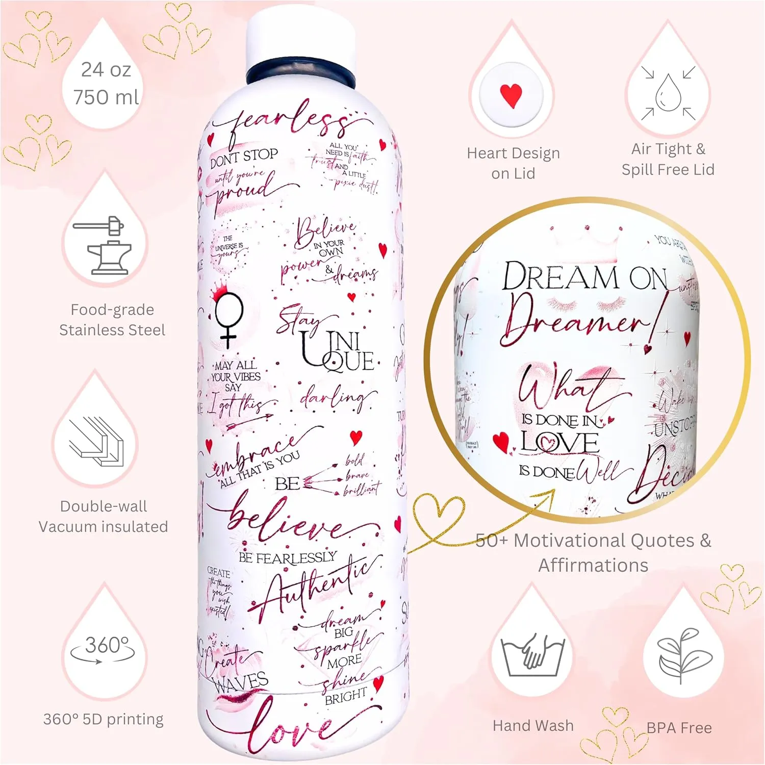Girl Boss 24oz Motivational Water Bottle – Stainless Steel, Vacuum Insulated, Daily Affirmations, Boss Lady Gifts for Women, Positive Gift for Work, Travel, Gym, Office