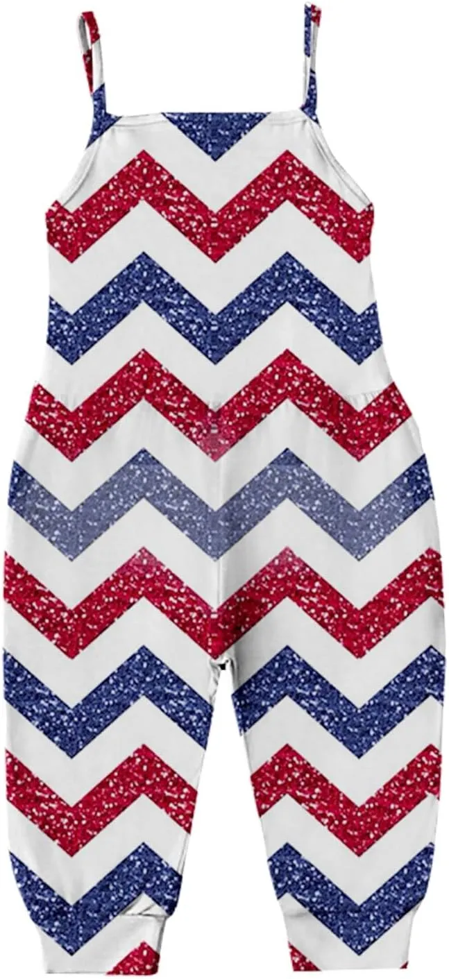 Girls Summer Independence Day Clothing Cute Star Stripe Print Suspender Overalls with Pockets July 4th Jumpsuit