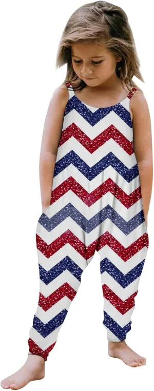 Girls Summer Independence Day Clothing Cute Star Stripe Print Suspender Overalls with Pockets July 4th Jumpsuit