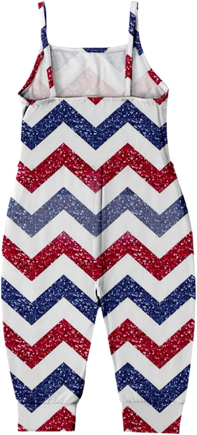 Girls Summer Independence Day Clothing Cute Star Stripe Print Suspender Overalls with Pockets July 4th Jumpsuit