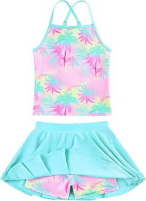 Girls Tankini Swimsuit Two Piece Bathing Suit with Adjustable Strap 3-13 Years