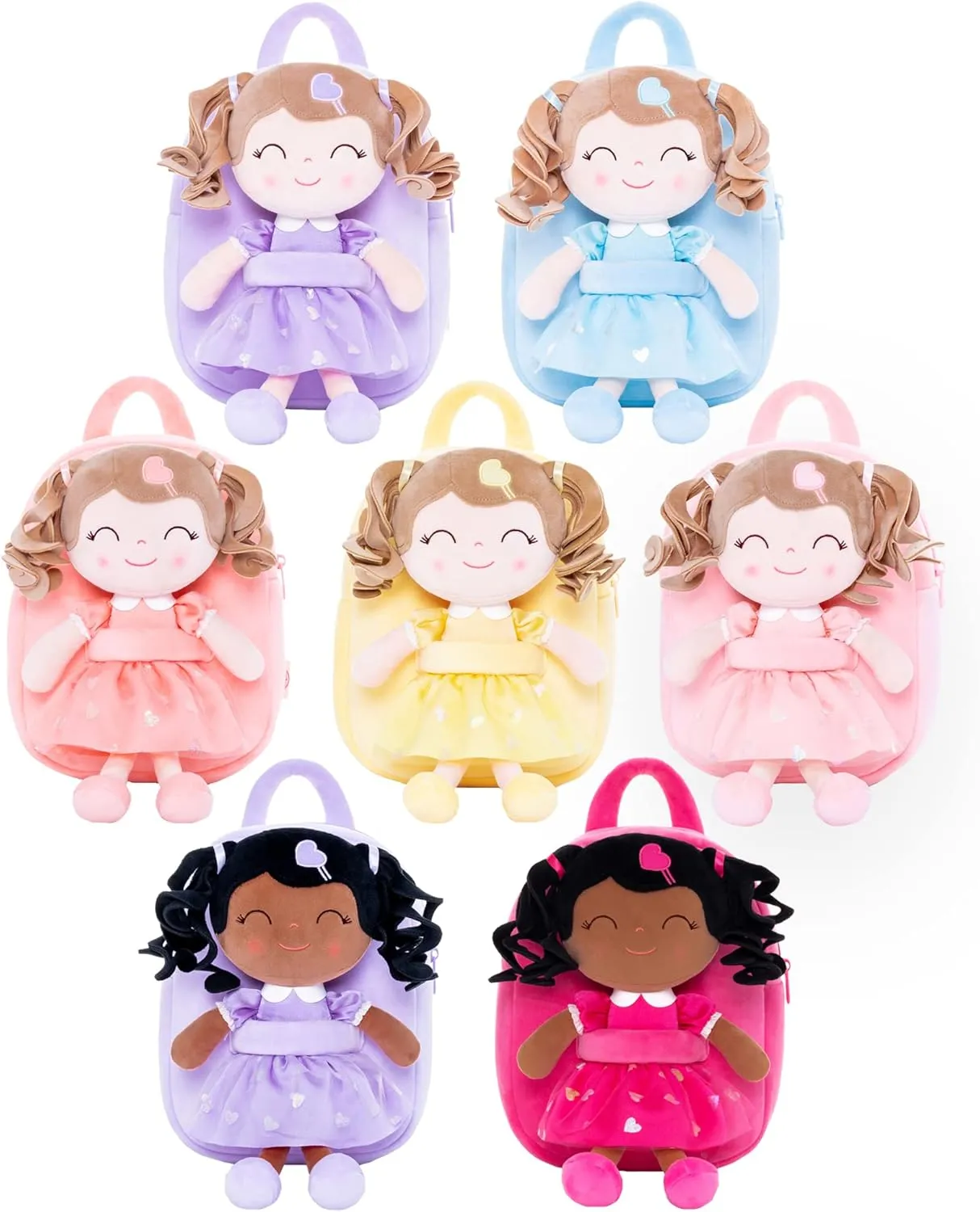Gloveleya Toddler Backpack Baby Girl Gifts Plush Bag Diaper Bag with Spring Girls Doll Curly Hair Girl Toys with Love Pink 9 Inches