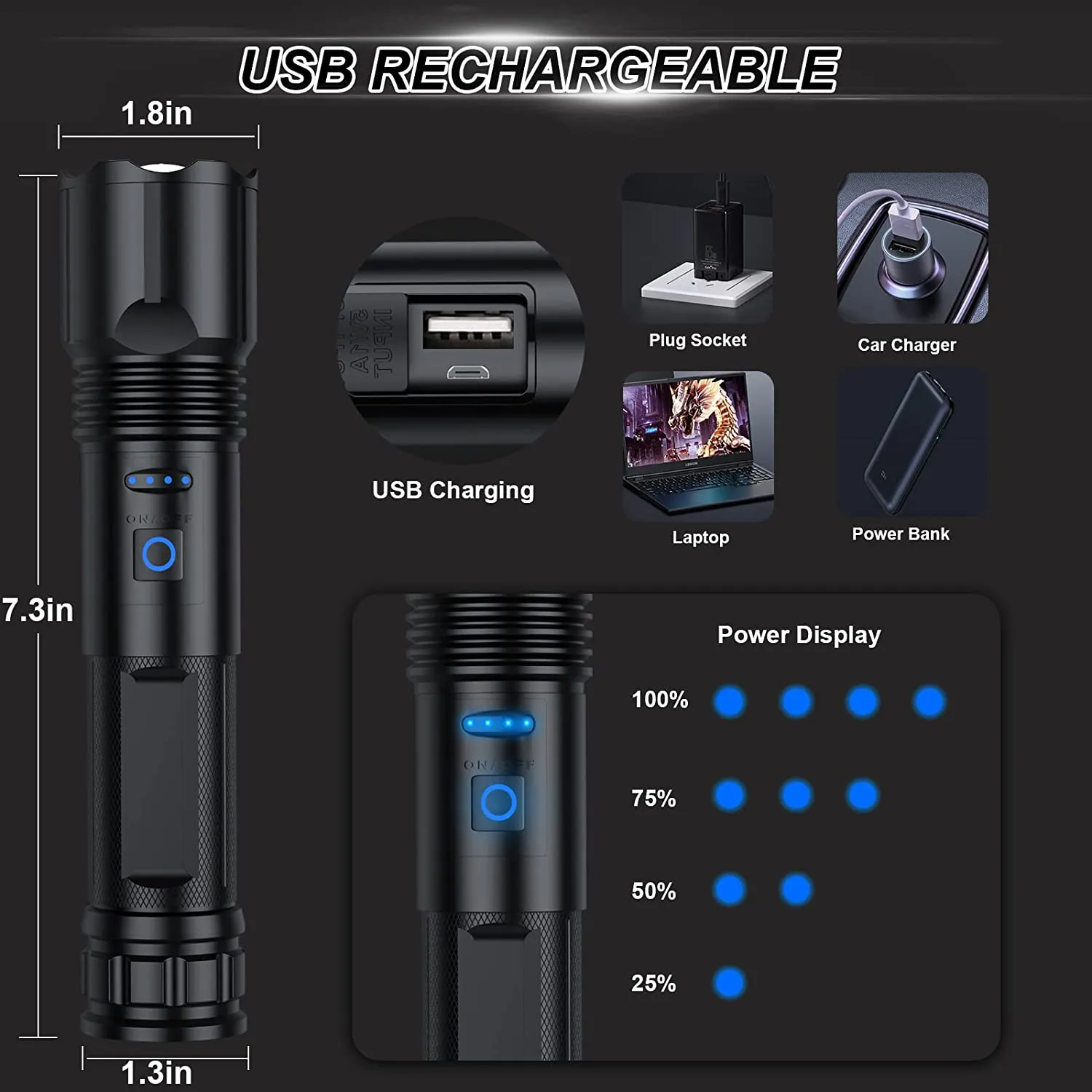 GOHOMAN  Rechargeable LED Flashlights High Lumens, 10000 Lumens Super Bright Flashlight with 3 Modes, High Powered Flash Light, Portable Handheld Flashlights for Emergency Outdoor Camping