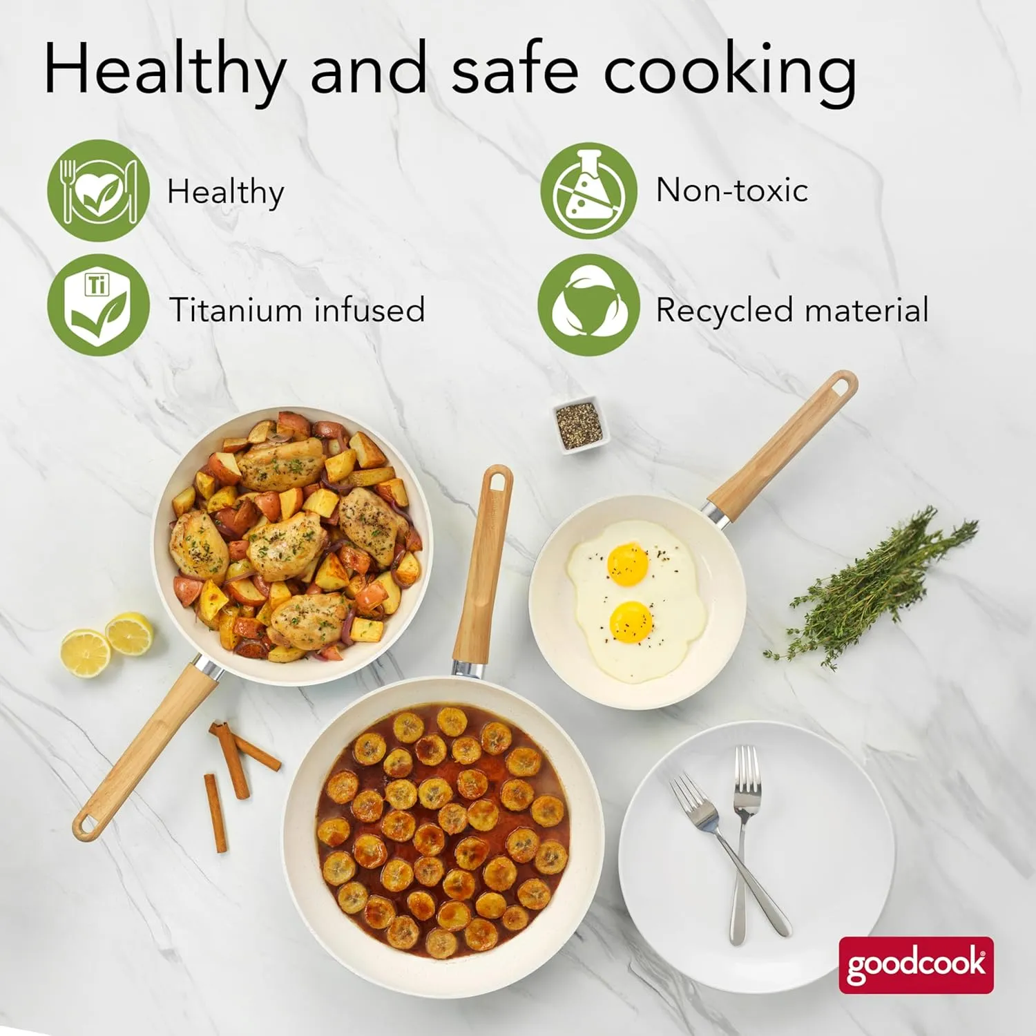 GoodCook Healthy Ceramic Titanium-Infused 3-Piece Fry Pan Set, Light Blue – Induction Cookware, Nonstick Cooking Pan, Frying Pan Skillet for Eggs, Meats, Vegetables, Sauces, Warming Tortillas