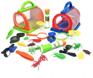 Gosu Toys Critter Cage Bug Catcher with Tools Set - Cage, Tweezers, Magnifying Glass, Compass, Whistle, Monocular, Magnifier Jar ((2 Pack))