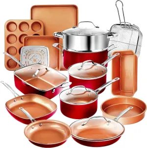 Gotham Steel 20 Pc Pots and Pans Set Nonstick Cookware   Bakeware Set, Complete Ceramic for Kitchen, Non Stick with Lids, Dishwasher / Oven Safe, Toxic - Red