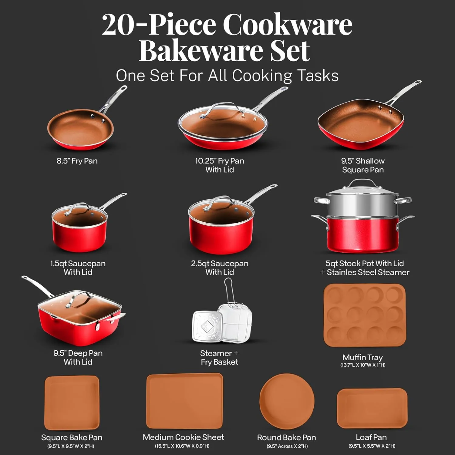 Gotham Steel 20 Pc Pots and Pans Set Nonstick Cookware   Bakeware Set, Complete Ceramic for Kitchen, Non Stick with Lids, Dishwasher / Oven Safe, Toxic - Red