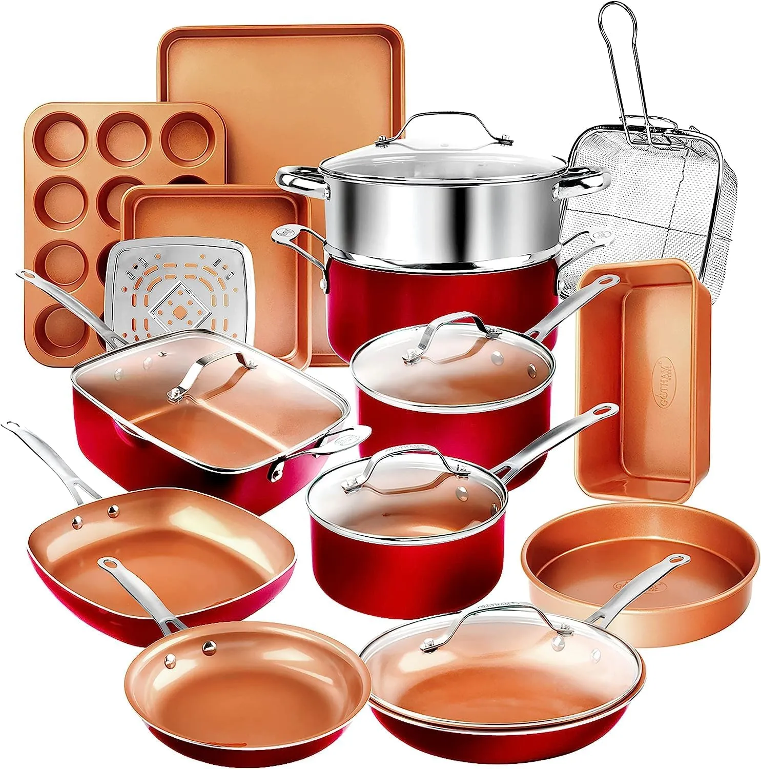 Gotham Steel 20 Pc Pots and Pans Set Nonstick Cookware   Bakeware Set, Complete Ceramic for Kitchen, Non Stick with Lids, Dishwasher / Oven Safe, Toxic - Red