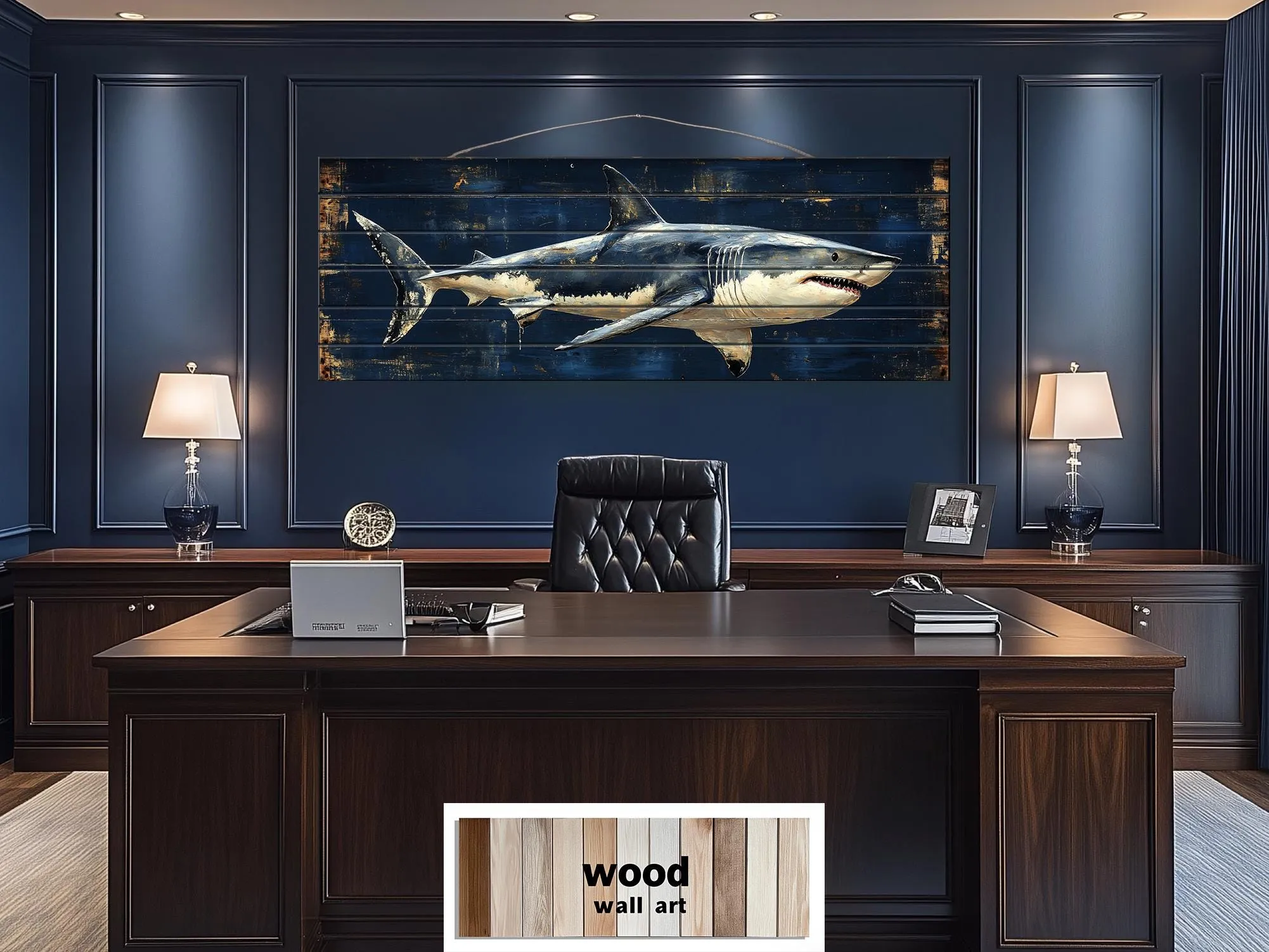 Great White Shark Long Horizontal Real Wood Wall Art
