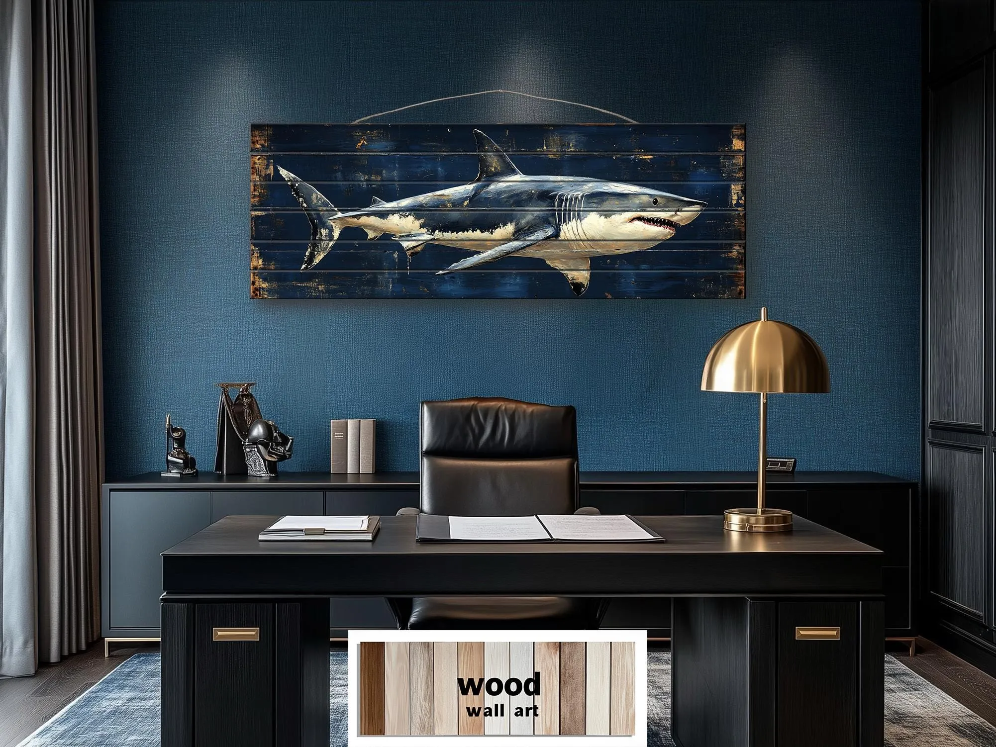 Great White Shark Long Horizontal Real Wood Wall Art