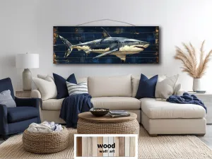Great White Shark Long Horizontal Real Wood Wall Art