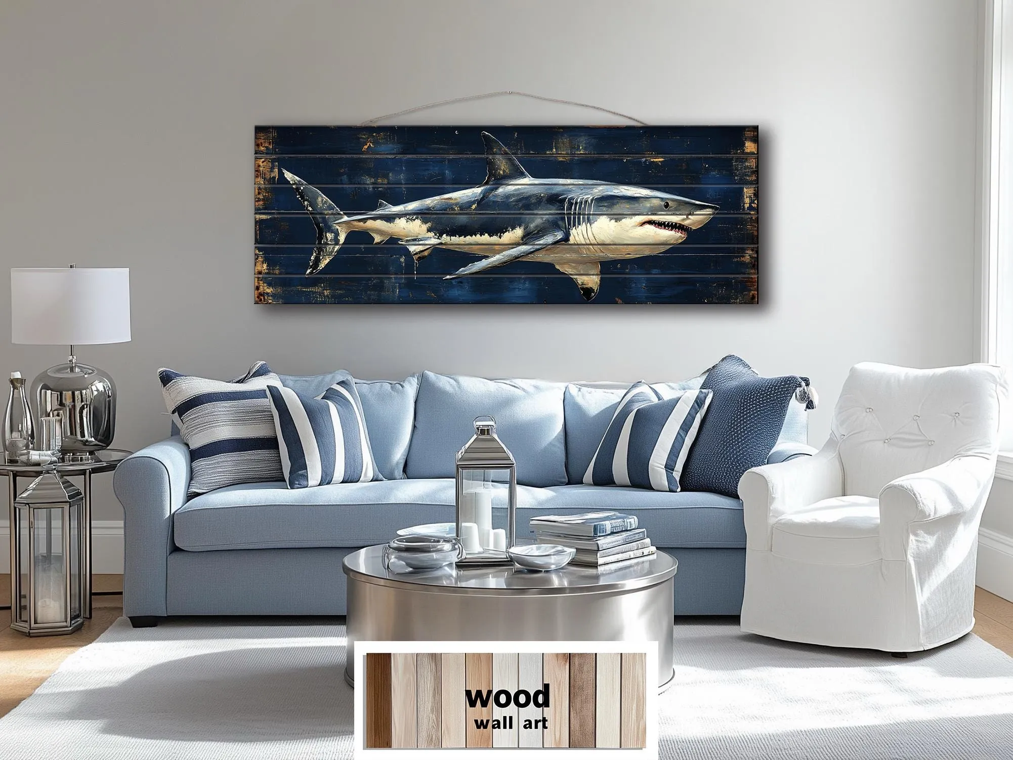 Great White Shark Long Horizontal Real Wood Wall Art