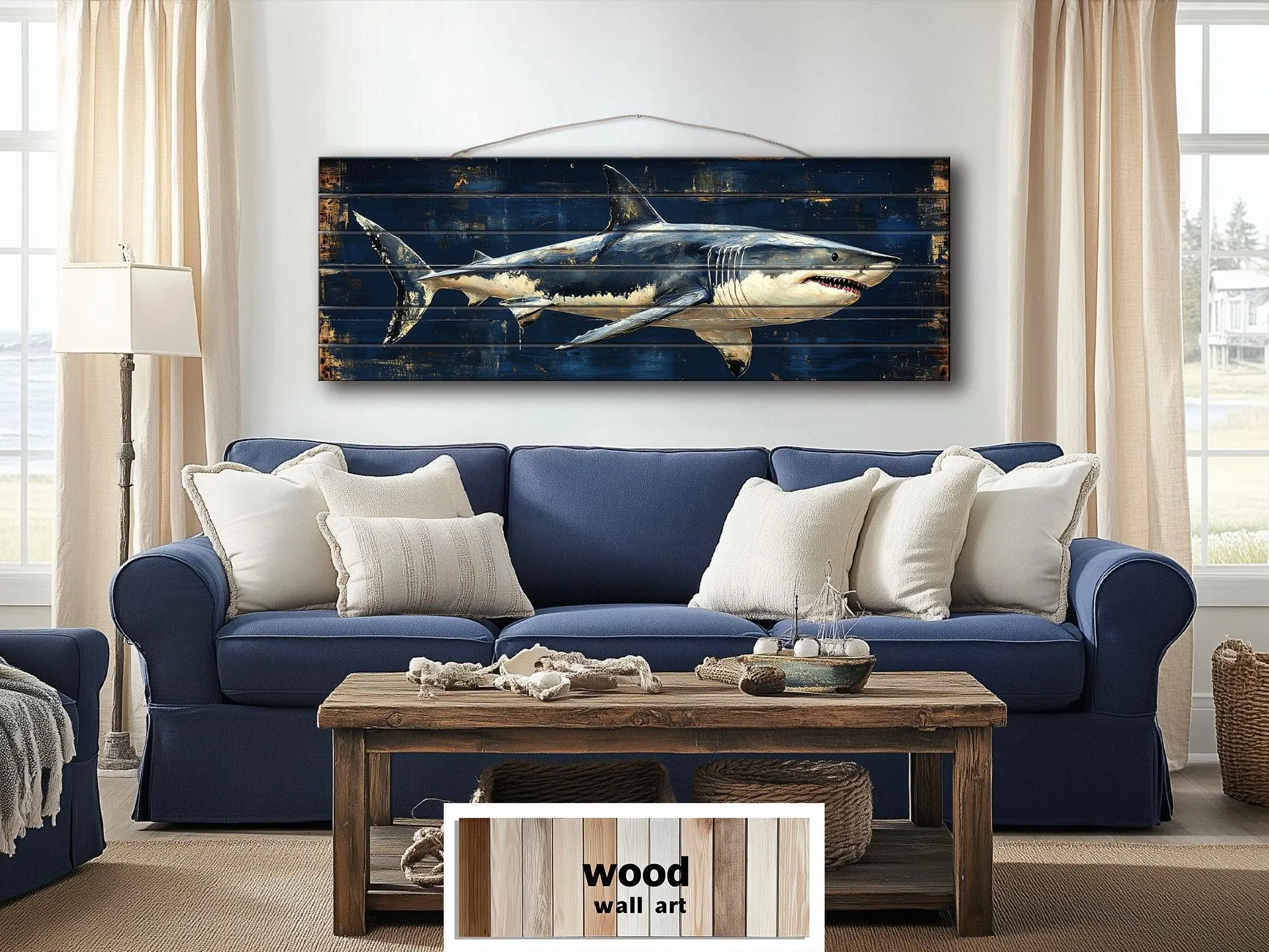 Great White Shark Long Horizontal Real Wood Wall Art