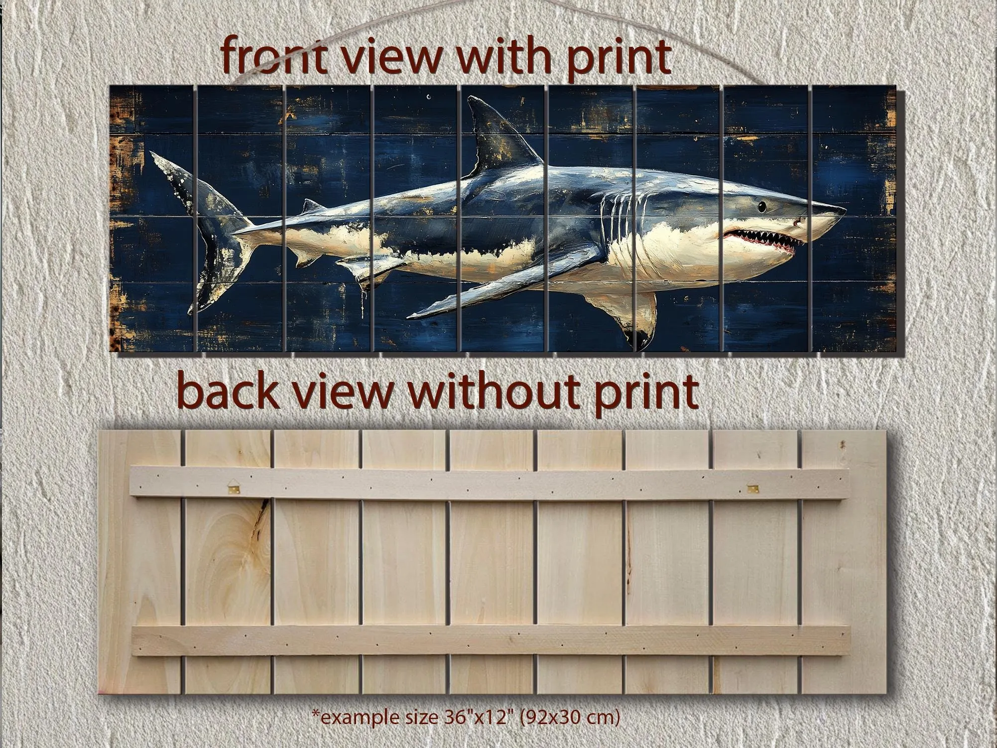 Great White Shark Long Horizontal Real Wood Wall Art