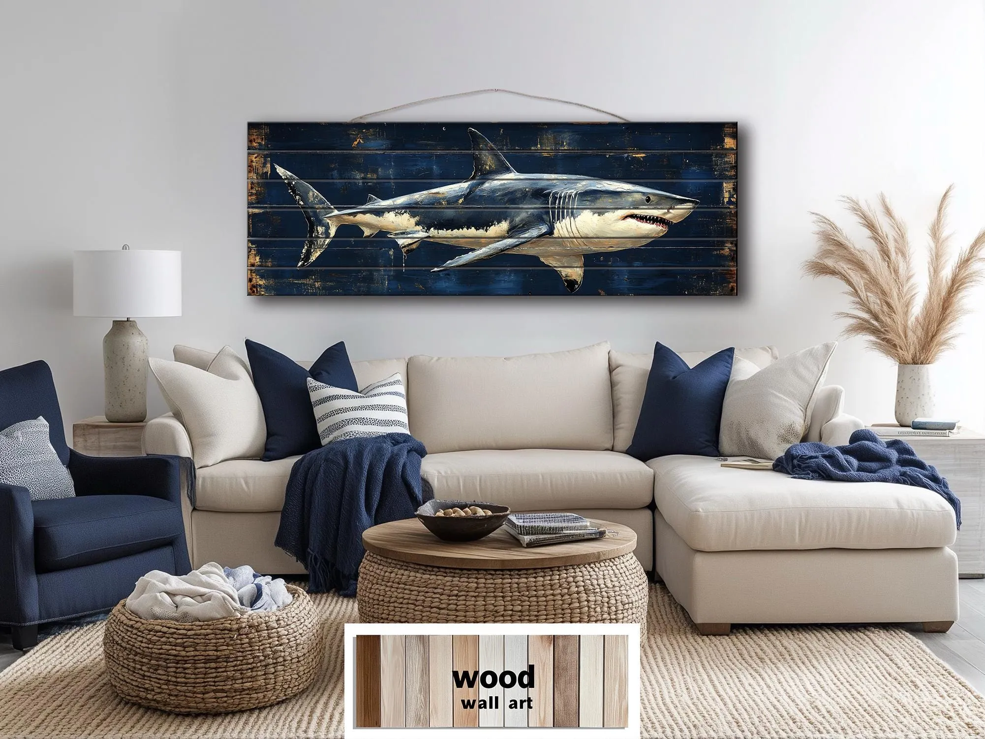 Great White Shark Long Horizontal Real Wood Wall Art