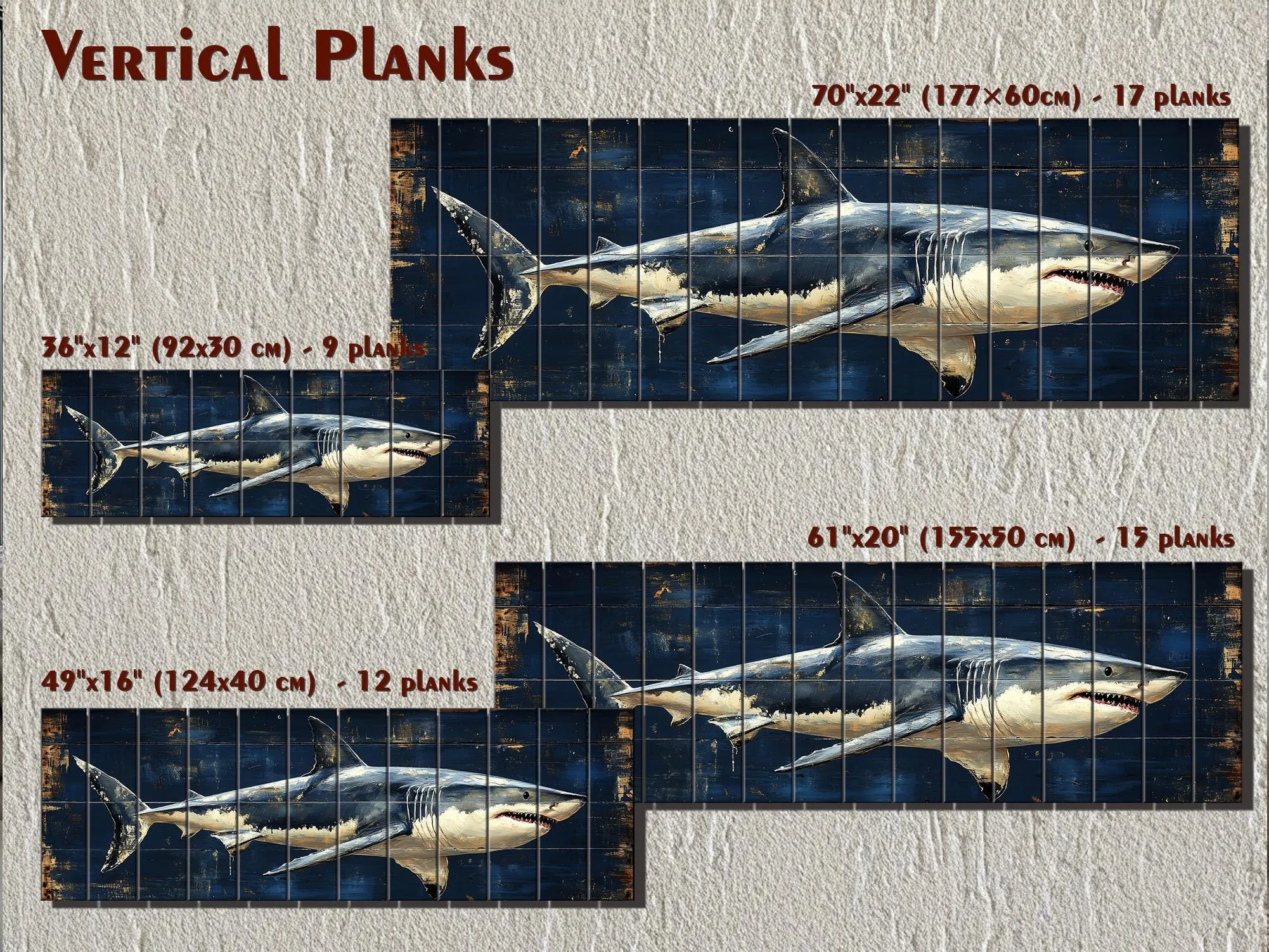 Great White Shark Long Horizontal Real Wood Wall Art