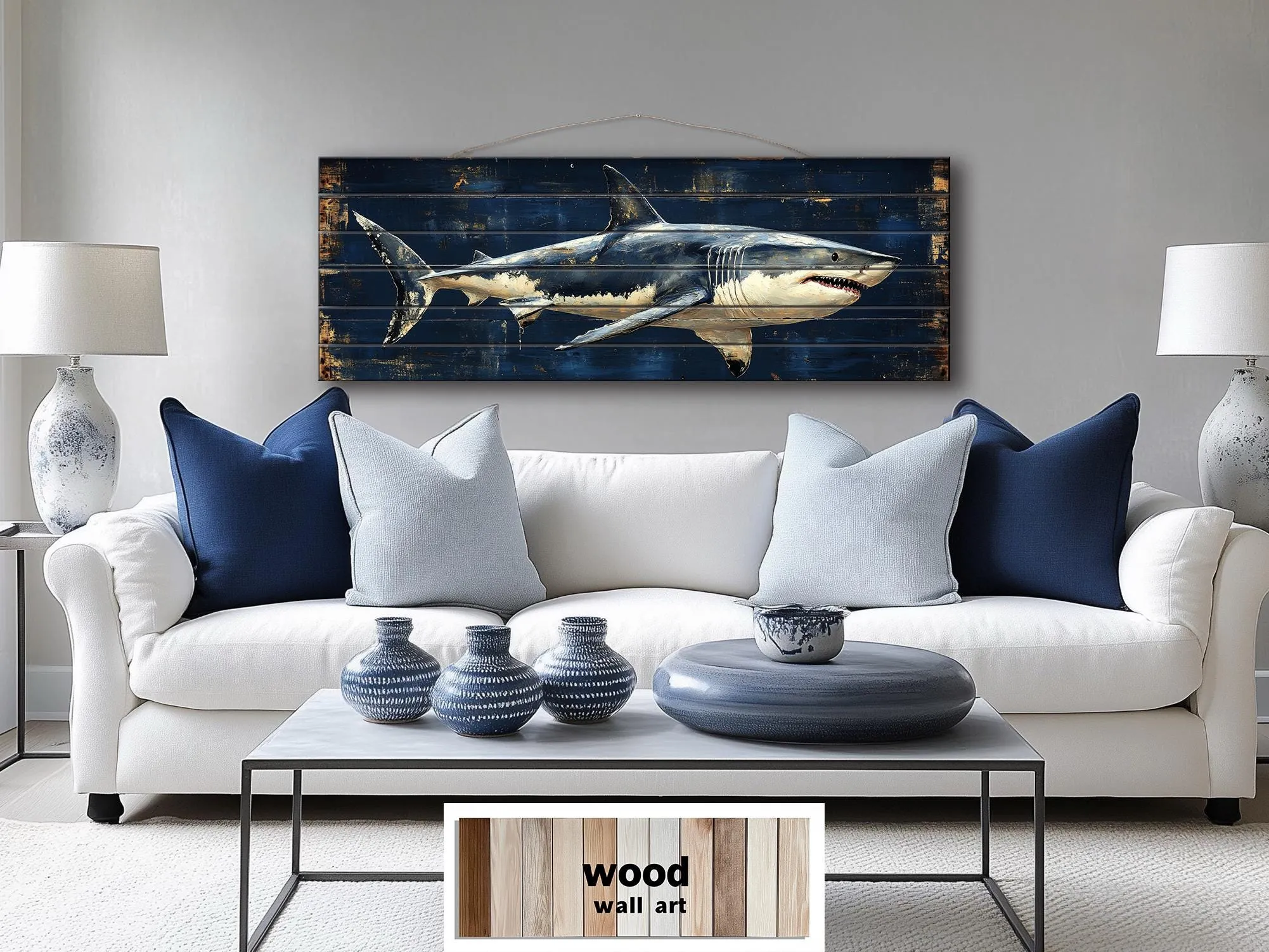 Great White Shark Long Horizontal Real Wood Wall Art