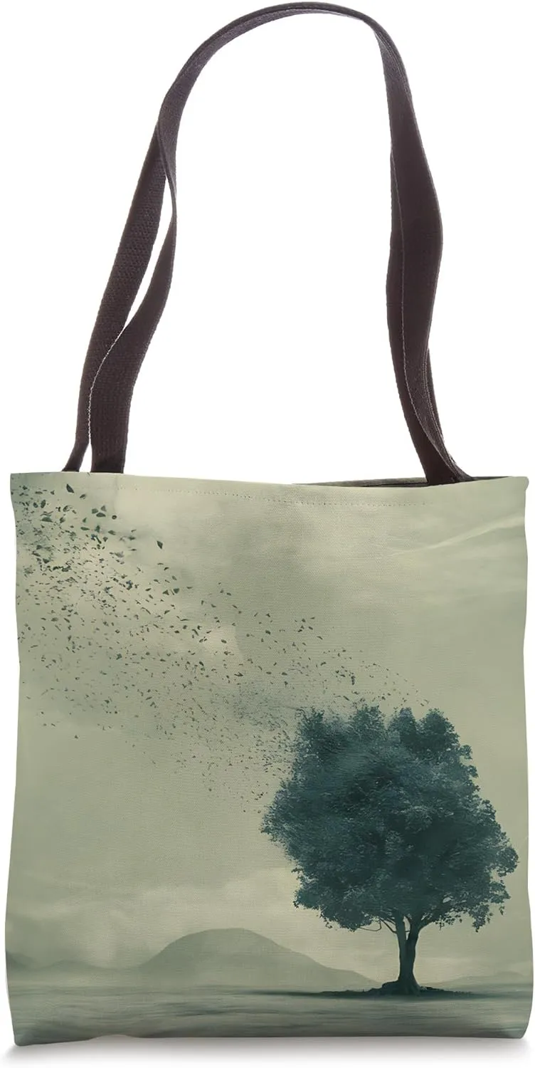 Green Solitary Tree In Calm Landscape Under Muted Sky Tote Bag